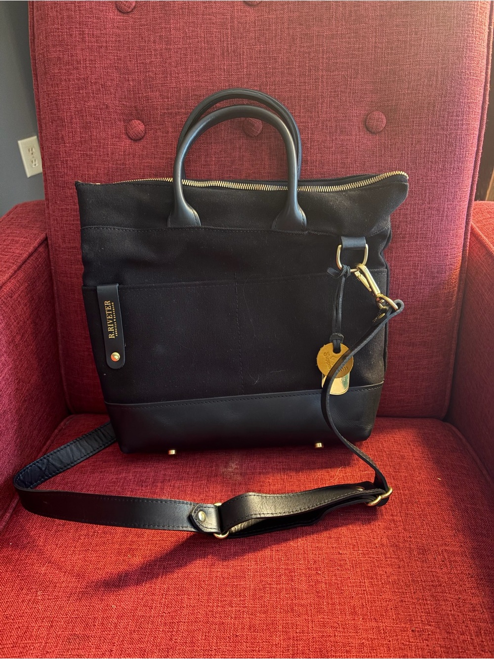 Black Riveter Convertible Shoulder Tote - Leather Trim